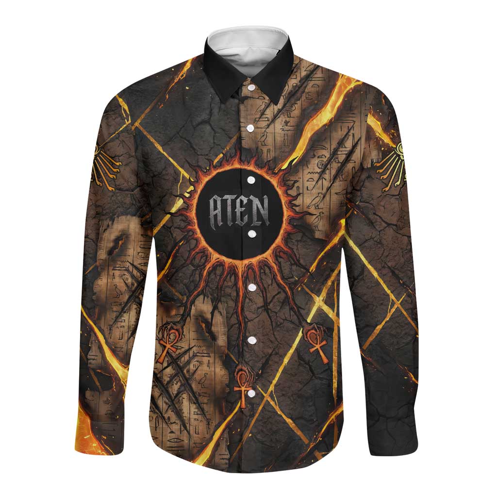 Aten Long Sleeve Button Shirt Ancient Egyptian Cracked Stone Hieroglyph, Solar Eclipse Emblem, and Radiant Sunburst - African Pride