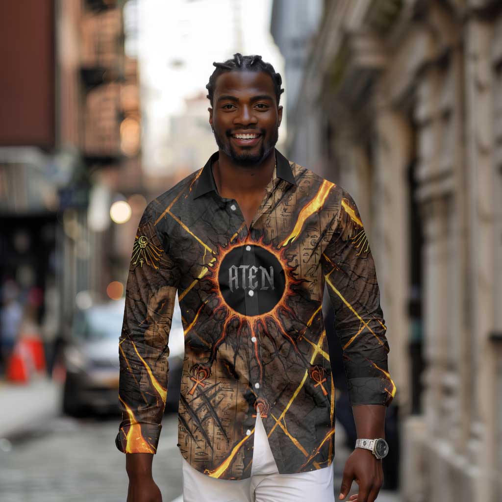 Aten Long Sleeve Button Shirt Ancient Egyptian Cracked Stone Hieroglyph, Solar Eclipse Emblem, and Radiant Sunburst - African Pride