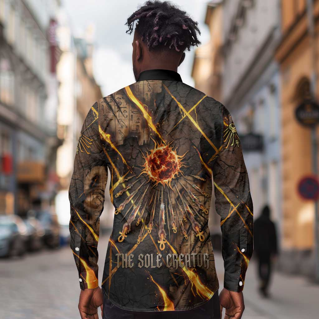 Aten Long Sleeve Button Shirt Ancient Egyptian Cracked Stone Hieroglyph, Solar Eclipse Emblem, and Radiant Sunburst - African Pride