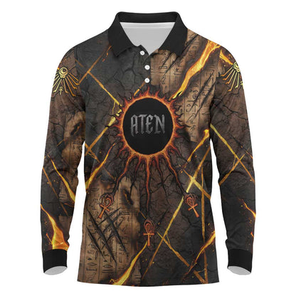 Aten Long Sleeve Polo Shirt Ancient Egyptian Cracked Stone Hieroglyph, Solar Eclipse Emblem, and Radiant Sunburst - African Pride