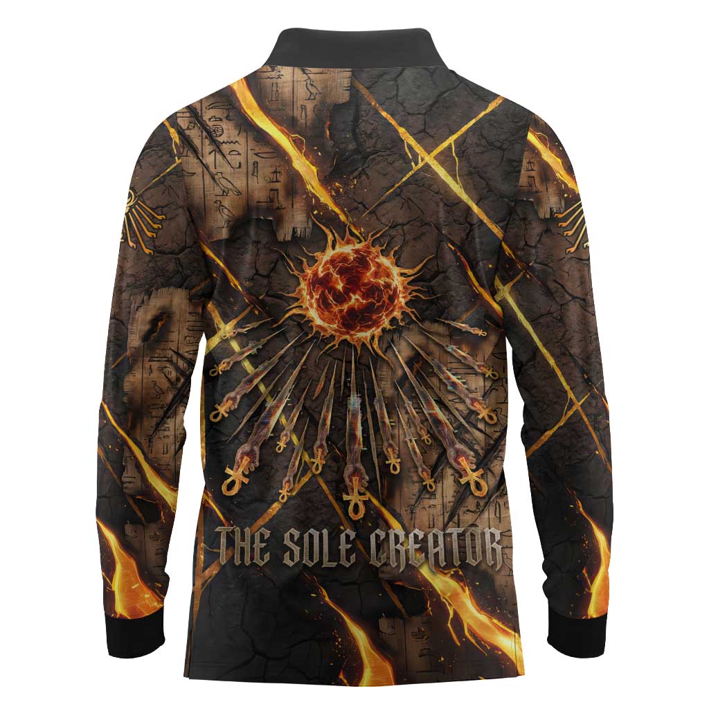 Aten Long Sleeve Polo Shirt Ancient Egyptian Cracked Stone Hieroglyph, Solar Eclipse Emblem, and Radiant Sunburst - African Pride