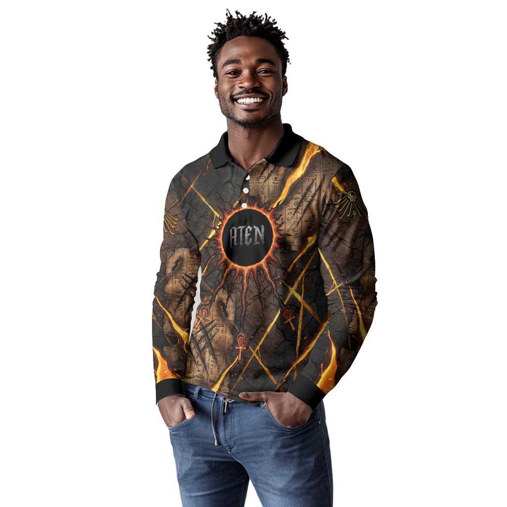 Aten Long Sleeve Polo Shirt Ancient Egyptian Cracked Stone Hieroglyph, Solar Eclipse Emblem, and Radiant Sunburst - African Pride