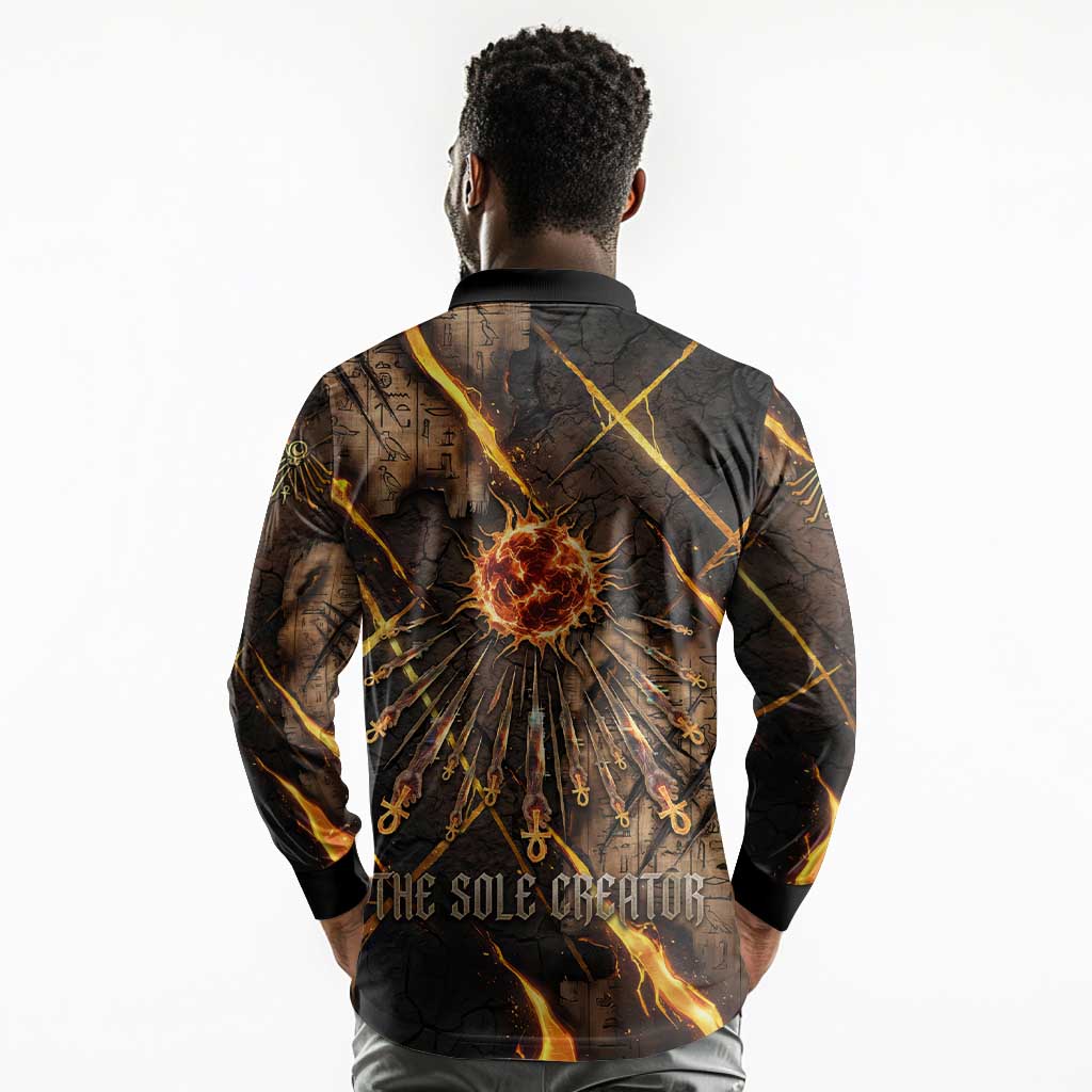 Aten Long Sleeve Polo Shirt Ancient Egyptian Cracked Stone Hieroglyph, Solar Eclipse Emblem, and Radiant Sunburst - African Pride