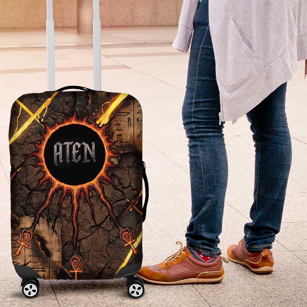 Aten Luggage Cover Ancient Egyptian Cracked Stone Hieroglyph, Solar Eclipse Emblem, and Radiant Sunburst - African Pride