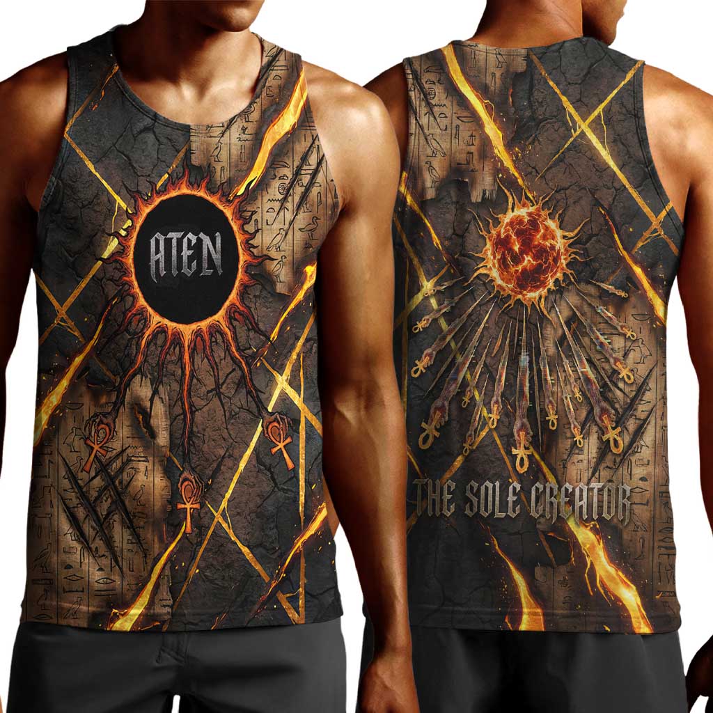Aten Men Tank Top Ancient Egyptian Cracked Stone Hieroglyph, Solar Eclipse Emblem, and Radiant Sunburst - African Pride