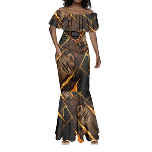 Aten Mermaid Dress Ancient Egyptian Cracked Stone Hieroglyph, Solar Eclipse Emblem, and Radiant Sunburst - African Pride