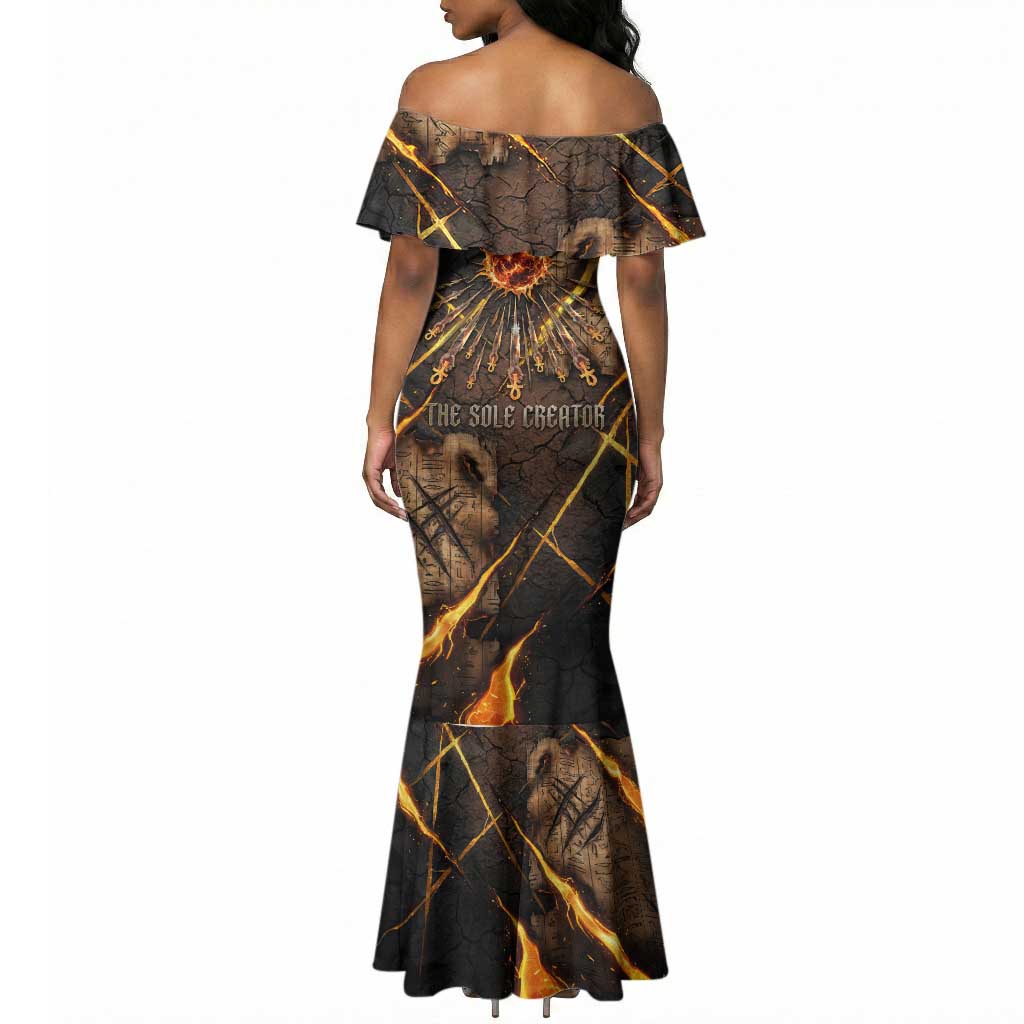 Aten Mermaid Dress Ancient Egyptian Cracked Stone Hieroglyph, Solar Eclipse Emblem, and Radiant Sunburst - African Pride
