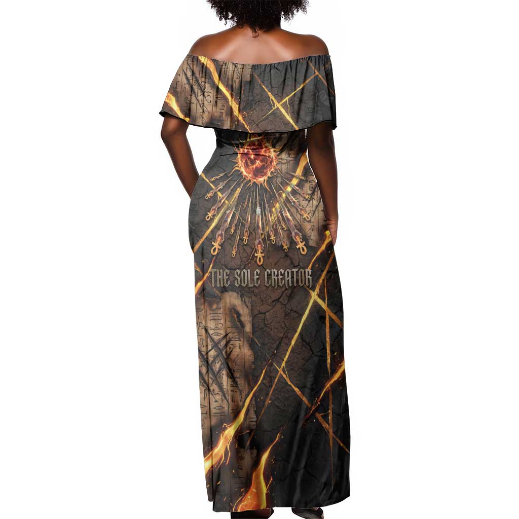 Aten Off Shoulder Maxi Dress Ancient Egyptian Cracked Stone Hieroglyph, Solar Eclipse Emblem, and Radiant Sunburst - African Pride