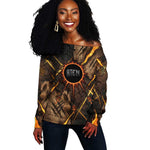 Aten Off Shoulder Sweater Ancient Egyptian Cracked Stone Hieroglyph, Solar Eclipse Emblem, and Radiant Sunburst - African Pride