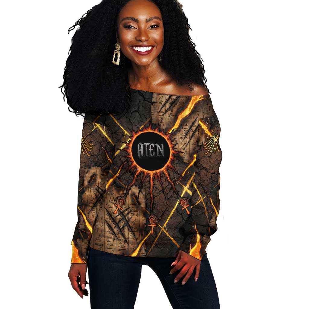 Aten Off Shoulder Sweater Ancient Egyptian Cracked Stone Hieroglyph, Solar Eclipse Emblem, and Radiant Sunburst - African Pride