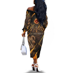 Aten Off The Shoulder Long Sleeve Dress Ancient Egyptian Cracked Stone Hieroglyph, Solar Eclipse Emblem, and Radiant Sunburst - African Pride