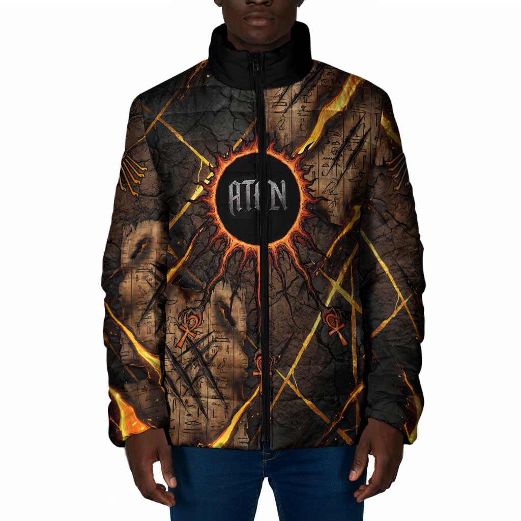 Aten Padded Jacket Ancient Egyptian Cracked Stone Hieroglyph, Solar Eclipse Emblem, and Radiant Sunburst - African Pride