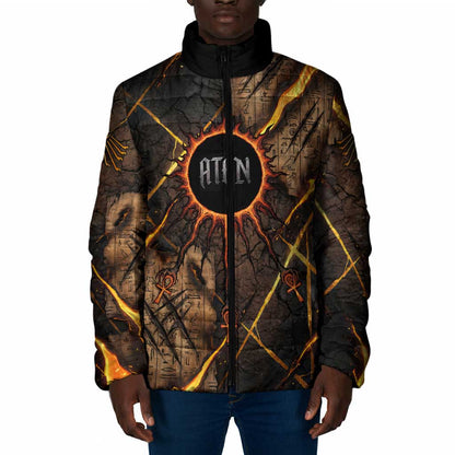 Aten Padded Jacket Ancient Egyptian Cracked Stone Hieroglyph, Solar Eclipse Emblem, and Radiant Sunburst - African Pride