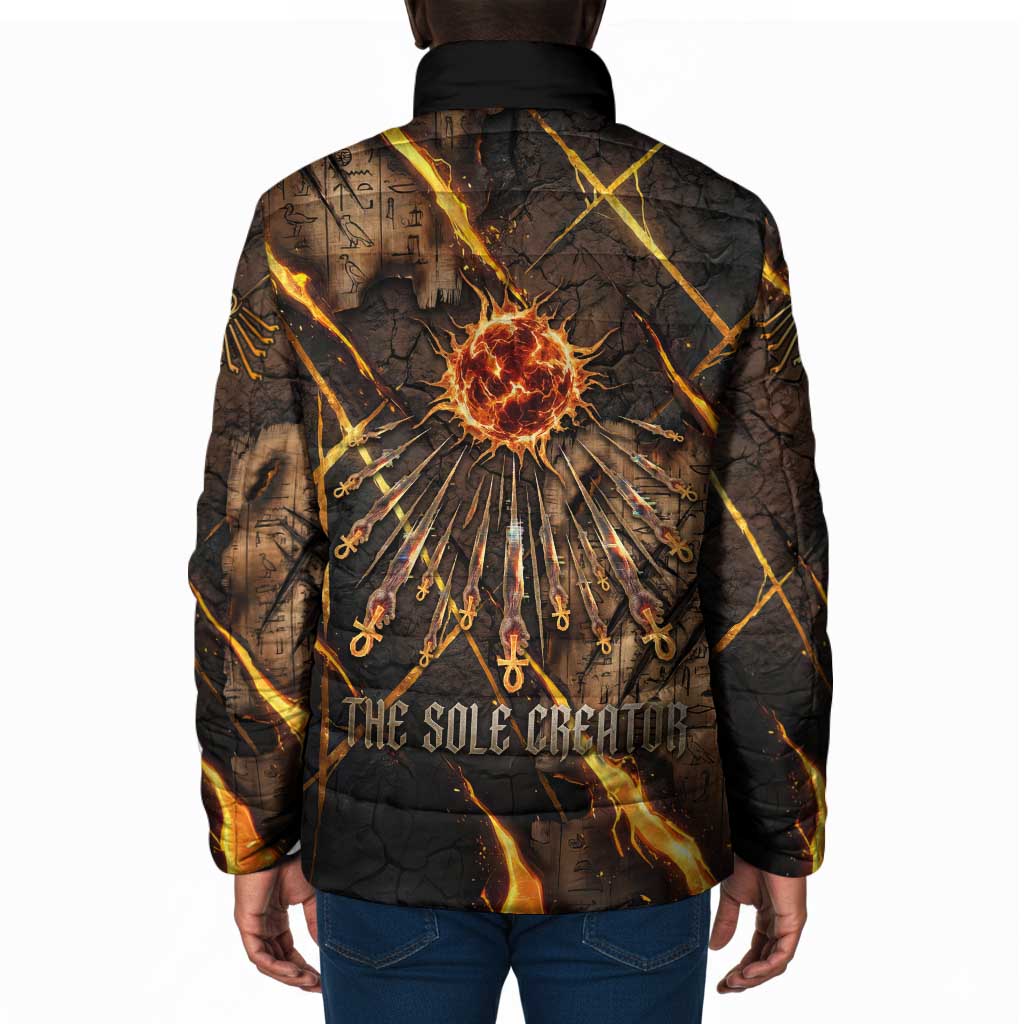 Aten Padded Jacket Ancient Egyptian Cracked Stone Hieroglyph, Solar Eclipse Emblem, and Radiant Sunburst - African Pride