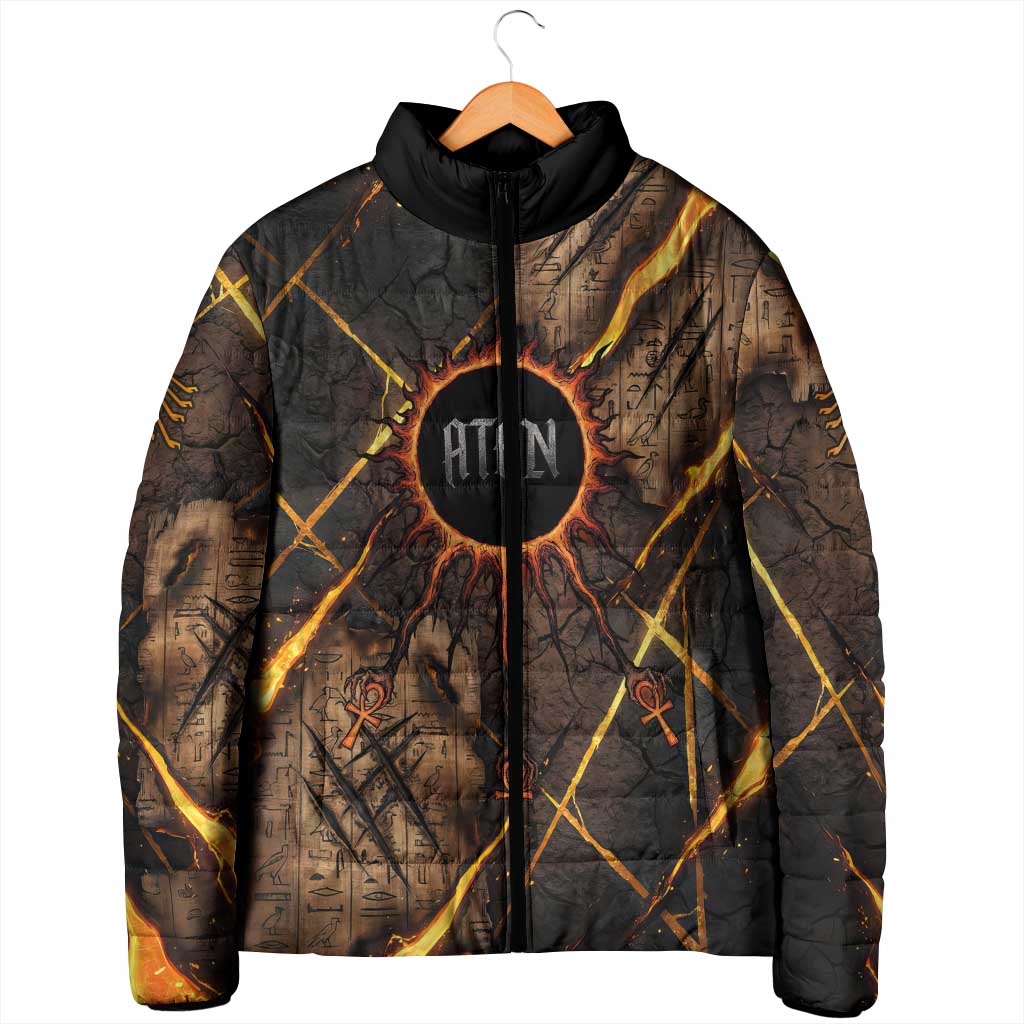 Aten Padded Jacket Ancient Egyptian Cracked Stone Hieroglyph, Solar Eclipse Emblem, and Radiant Sunburst - African Pride