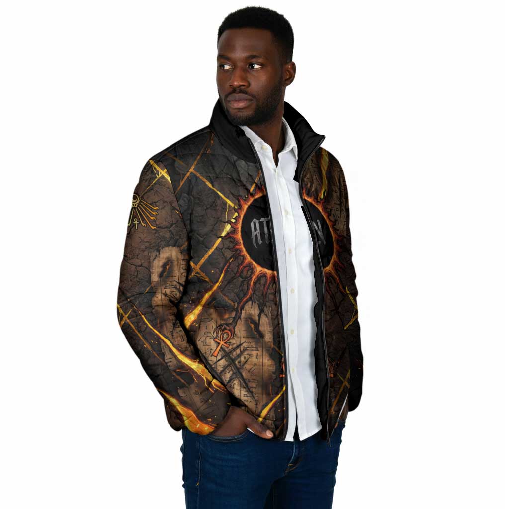 Aten Padded Jacket Ancient Egyptian Cracked Stone Hieroglyph, Solar Eclipse Emblem, and Radiant Sunburst - African Pride
