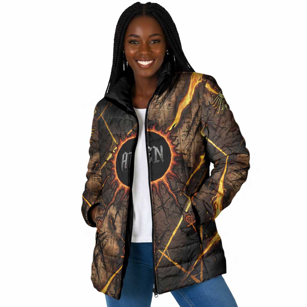 Aten Padded Jacket Ancient Egyptian Cracked Stone Hieroglyph, Solar Eclipse Emblem, and Radiant Sunburst - African Pride