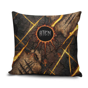 Aten Pillow Cover Ancient Egyptian Cracked Stone Hieroglyph, Solar Eclipse Emblem, and Radiant Sunburst - African Pride