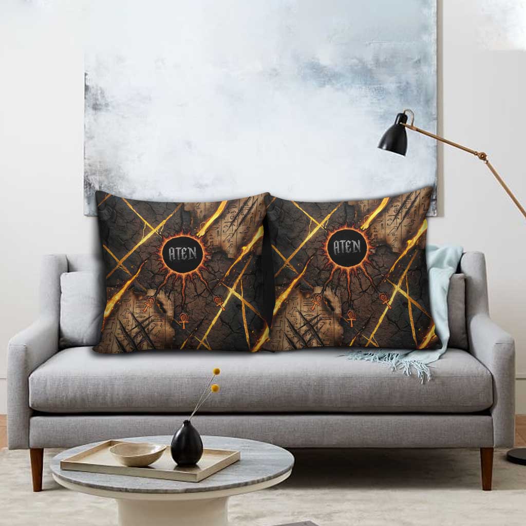 Aten Pillow Cover Ancient Egyptian Cracked Stone Hieroglyph, Solar Eclipse Emblem, and Radiant Sunburst - African Pride