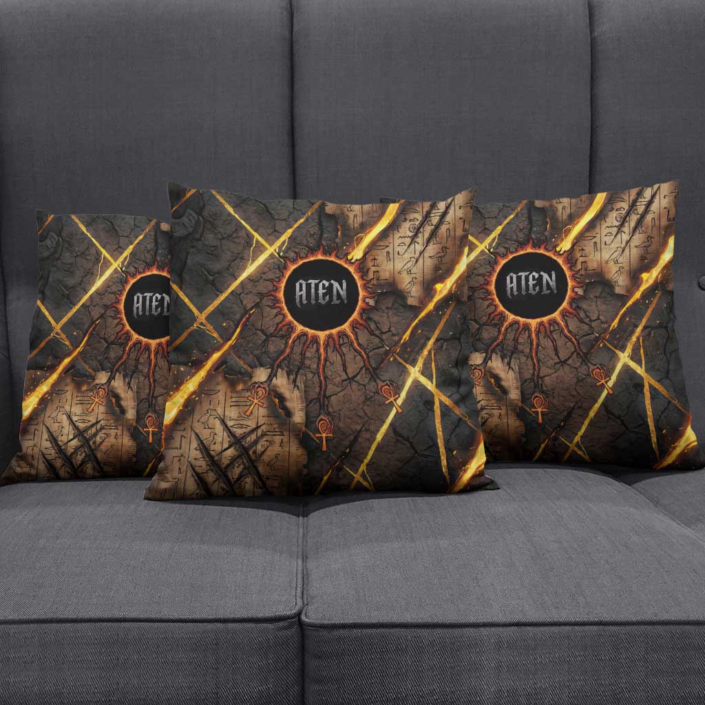 Aten Pillow Cover Ancient Egyptian Cracked Stone Hieroglyph, Solar Eclipse Emblem, and Radiant Sunburst - African Pride