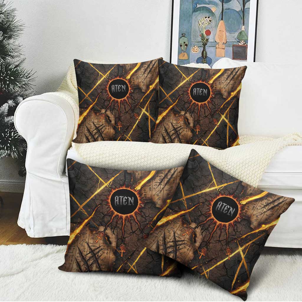 Aten Pillow Cover Ancient Egyptian Cracked Stone Hieroglyph, Solar Eclipse Emblem, and Radiant Sunburst - African Pride