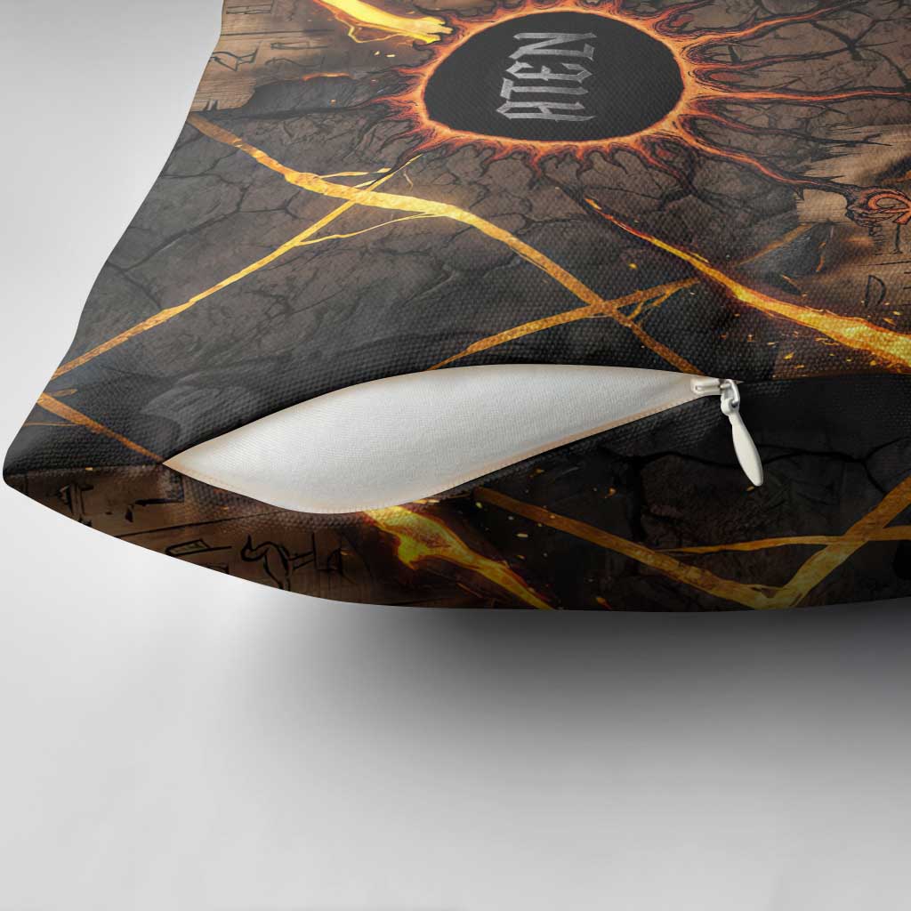 Aten Pillow Cover Ancient Egyptian Cracked Stone Hieroglyph, Solar Eclipse Emblem, and Radiant Sunburst - African Pride