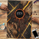 Aten Puzzle Ancient Egyptian Cracked Stone Hieroglyph, Solar Eclipse Emblem, and Radiant Sunburst - African Pride