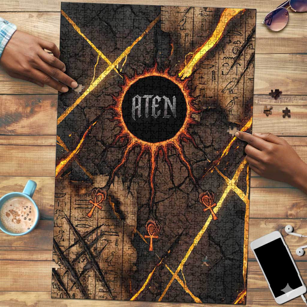 Aten Puzzle Ancient Egyptian Cracked Stone Hieroglyph, Solar Eclipse Emblem, and Radiant Sunburst - African Pride