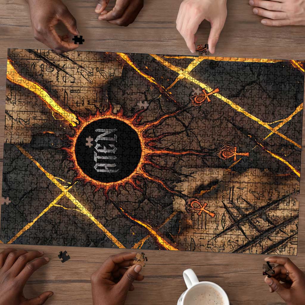 Aten Puzzle Ancient Egyptian Cracked Stone Hieroglyph, Solar Eclipse Emblem, and Radiant Sunburst - African Pride