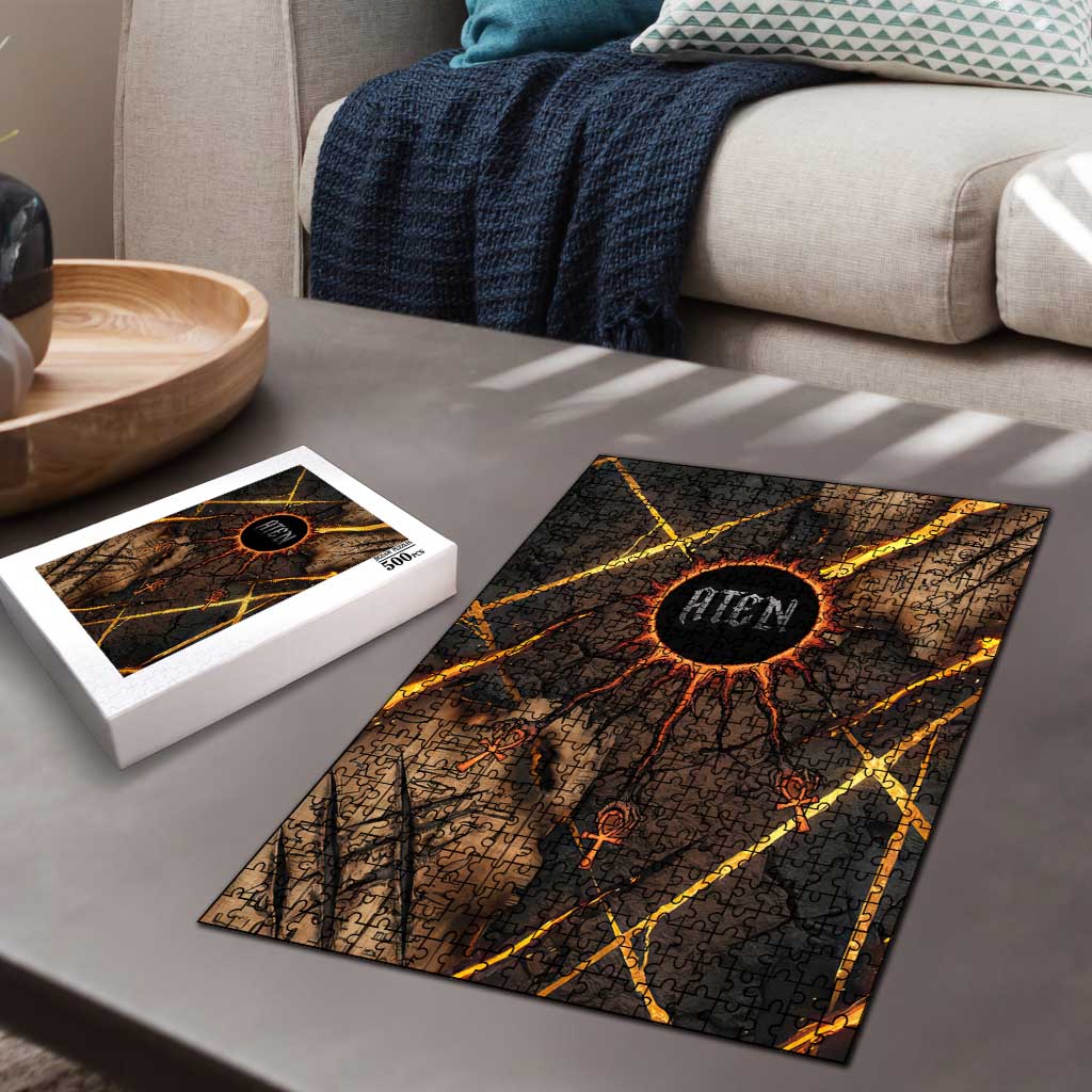 Aten Puzzle Ancient Egyptian Cracked Stone Hieroglyph, Solar Eclipse Emblem, and Radiant Sunburst - African Pride