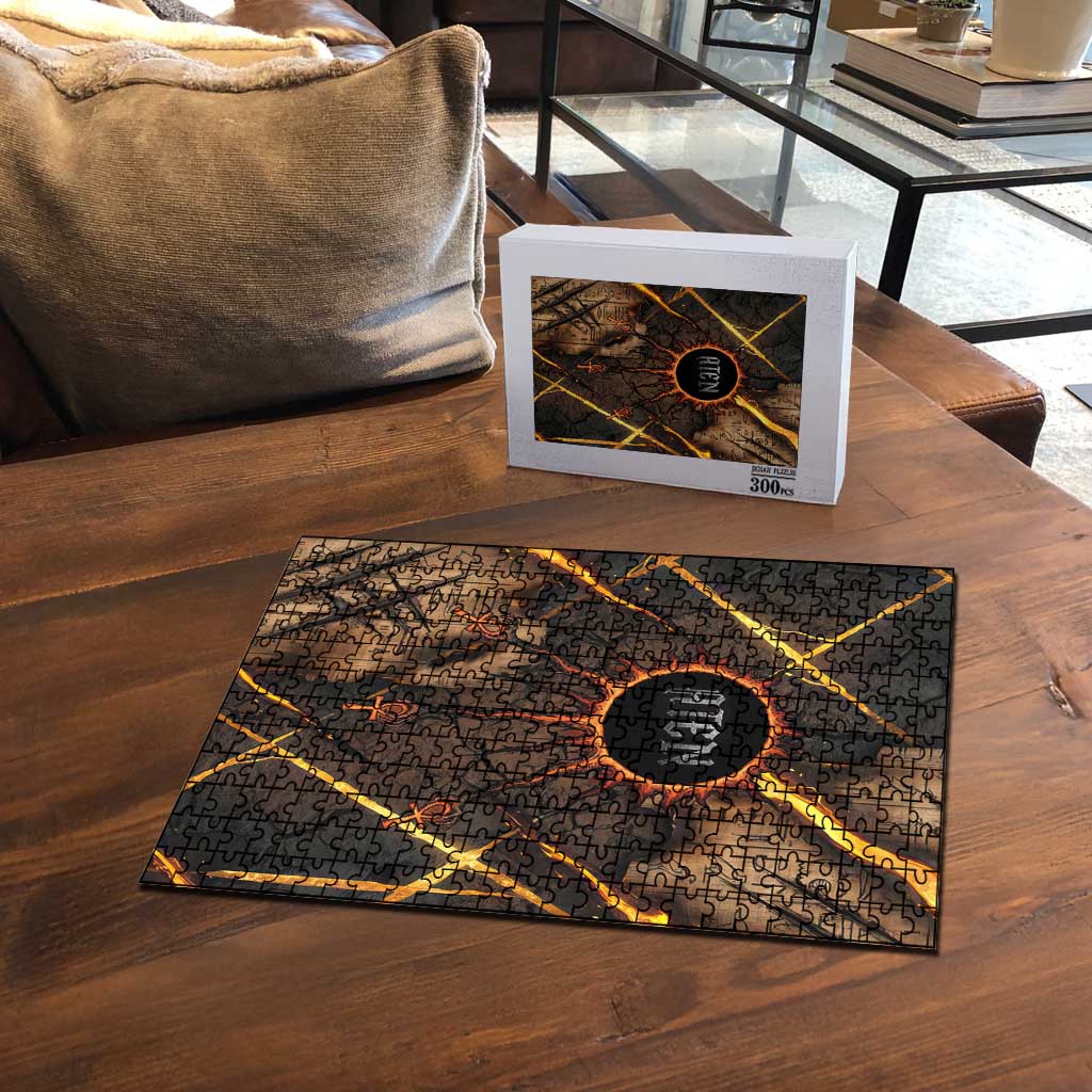 Aten Puzzle Ancient Egyptian Cracked Stone Hieroglyph, Solar Eclipse Emblem, and Radiant Sunburst - African Pride