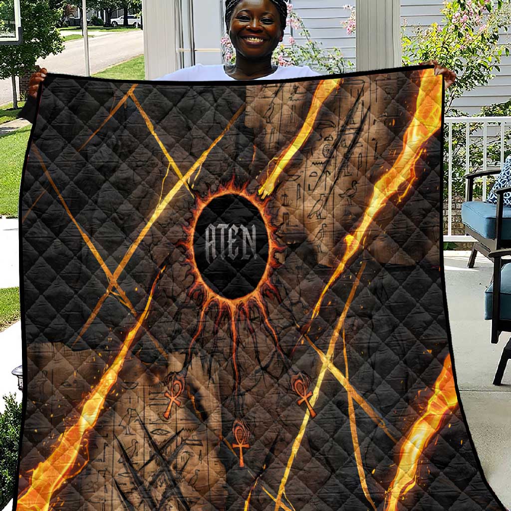 Aten Quilt Ancient Egyptian Cracked Stone Hieroglyph, Solar Eclipse Emblem, and Radiant Sunburst - African Pride