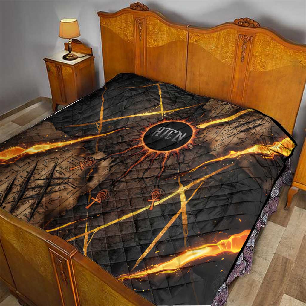 Aten Quilt Ancient Egyptian Cracked Stone Hieroglyph, Solar Eclipse Emblem, and Radiant Sunburst - African Pride