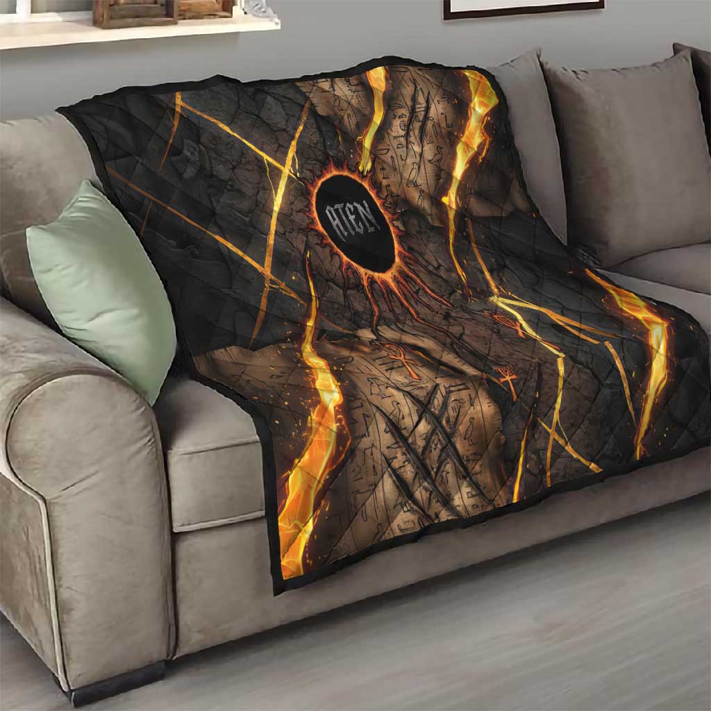Aten Quilt Ancient Egyptian Cracked Stone Hieroglyph, Solar Eclipse Emblem, and Radiant Sunburst - African Pride