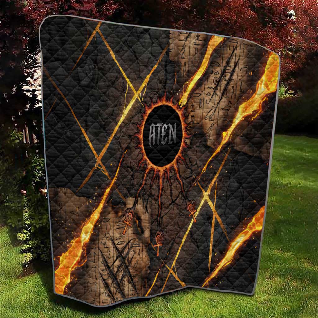 Aten Quilt Ancient Egyptian Cracked Stone Hieroglyph, Solar Eclipse Emblem, and Radiant Sunburst - African Pride