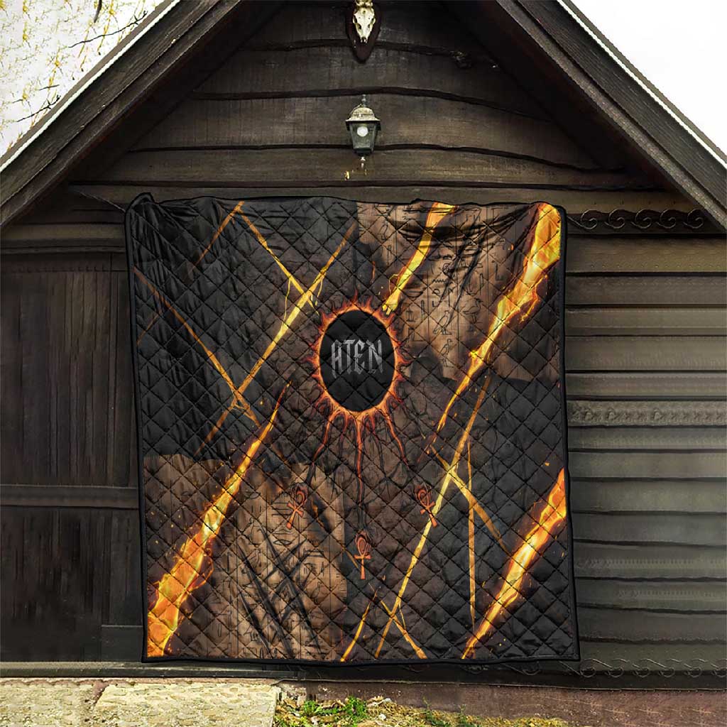 Aten Quilt Ancient Egyptian Cracked Stone Hieroglyph, Solar Eclipse Emblem, and Radiant Sunburst - African Pride