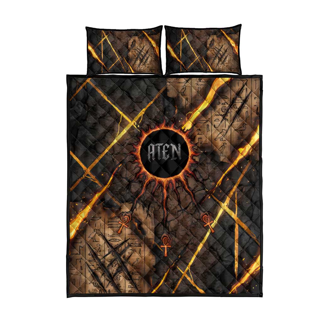 Aten Quilt Bed Set Ancient Egyptian Cracked Stone Hieroglyph, Solar Eclipse Emblem, and Radiant Sunburst - African Pride