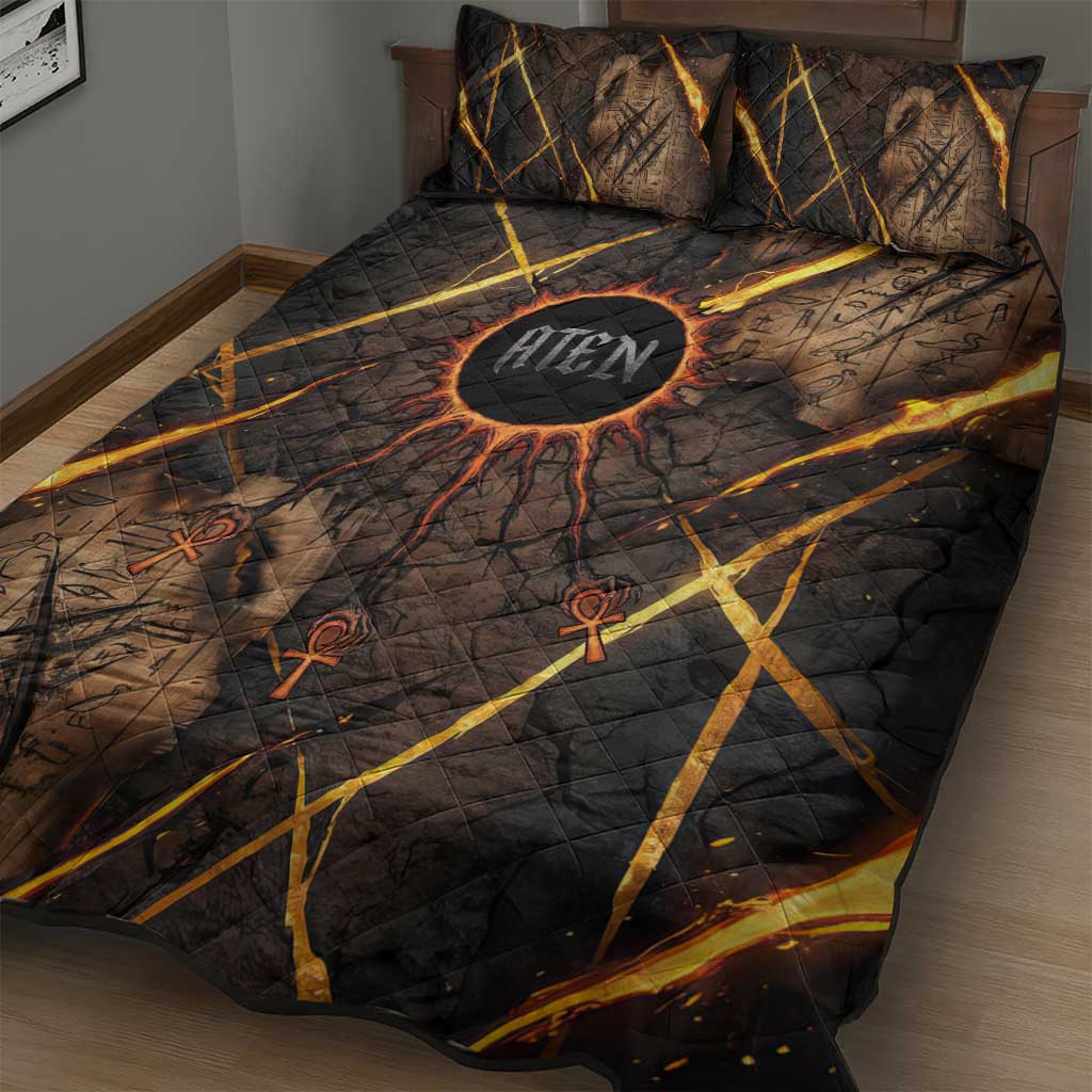 Aten Quilt Bed Set Ancient Egyptian Cracked Stone Hieroglyph, Solar Eclipse Emblem, and Radiant Sunburst - African Pride