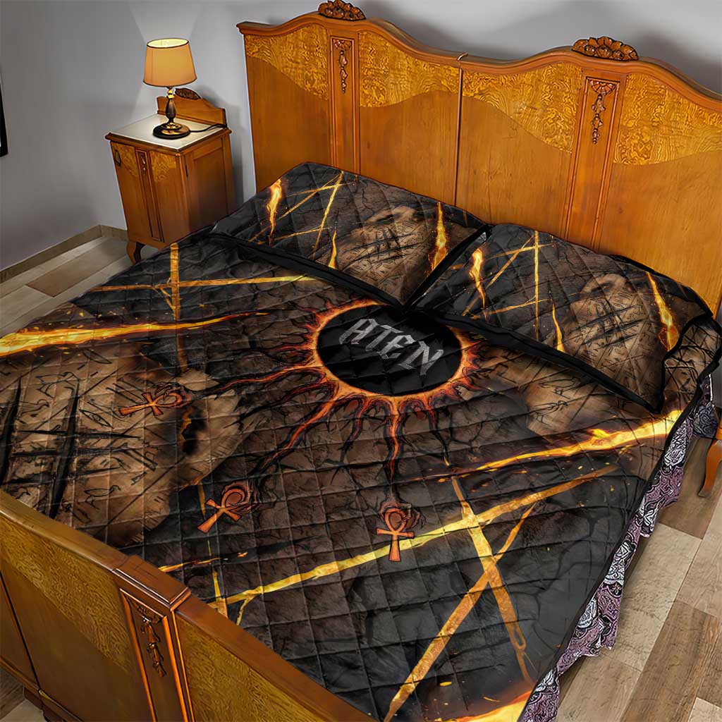 Aten Quilt Bed Set Ancient Egyptian Cracked Stone Hieroglyph, Solar Eclipse Emblem, and Radiant Sunburst - African Pride
