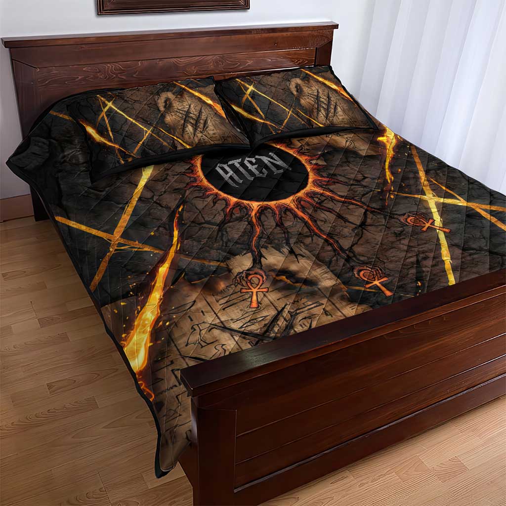 Aten Quilt Bed Set Ancient Egyptian Cracked Stone Hieroglyph, Solar Eclipse Emblem, and Radiant Sunburst - African Pride