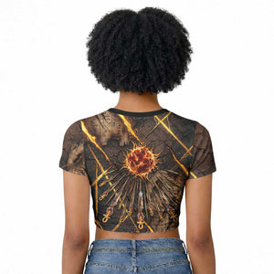 Aten Raglan Cropped T shirt Ancient Egyptian Cracked Stone Hieroglyph, Solar Eclipse Emblem, and Radiant Sunburst - African Pride