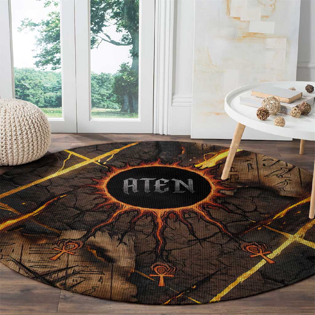 Aten Round Carpet Ancient Egyptian Cracked Stone Hieroglyph, Solar Eclipse Emblem, and Radiant Sunburst - African Pride