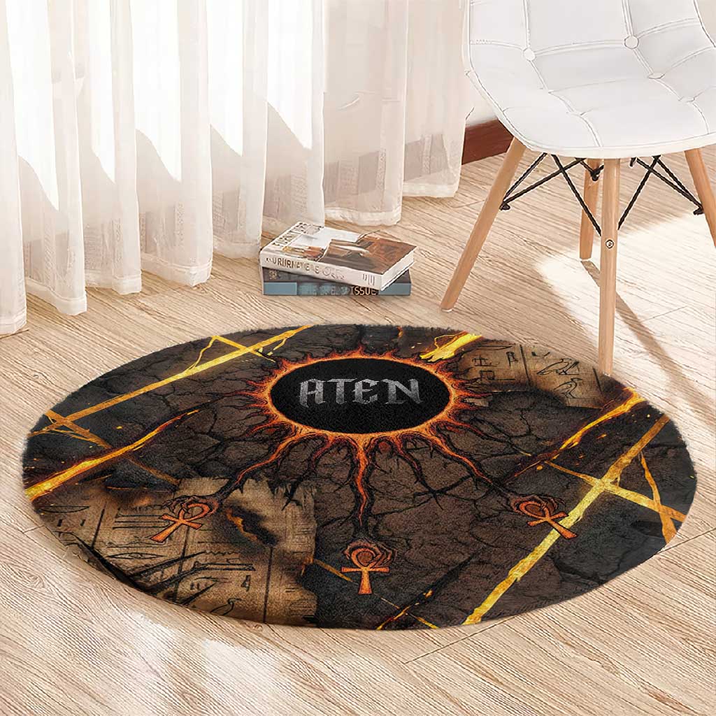 Aten Round Carpet Ancient Egyptian Cracked Stone Hieroglyph, Solar Eclipse Emblem, and Radiant Sunburst - African Pride