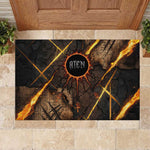 Aten Rubber Doormat Ancient Egyptian Cracked Stone Hieroglyph, Solar Eclipse Emblem, and Radiant Sunburst - African Pride