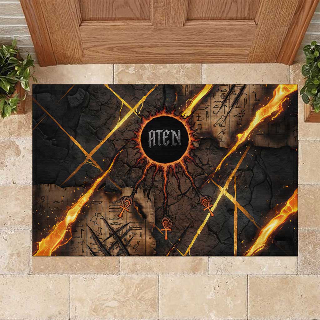 Aten Rubber Doormat Ancient Egyptian Cracked Stone Hieroglyph, Solar Eclipse Emblem, and Radiant Sunburst - African Pride