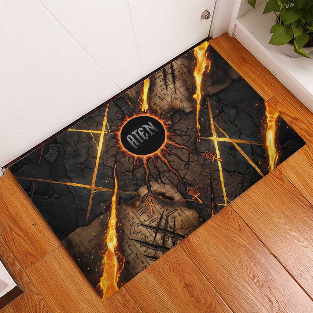 Aten Rubber Doormat Ancient Egyptian Cracked Stone Hieroglyph, Solar Eclipse Emblem, and Radiant Sunburst - African Pride