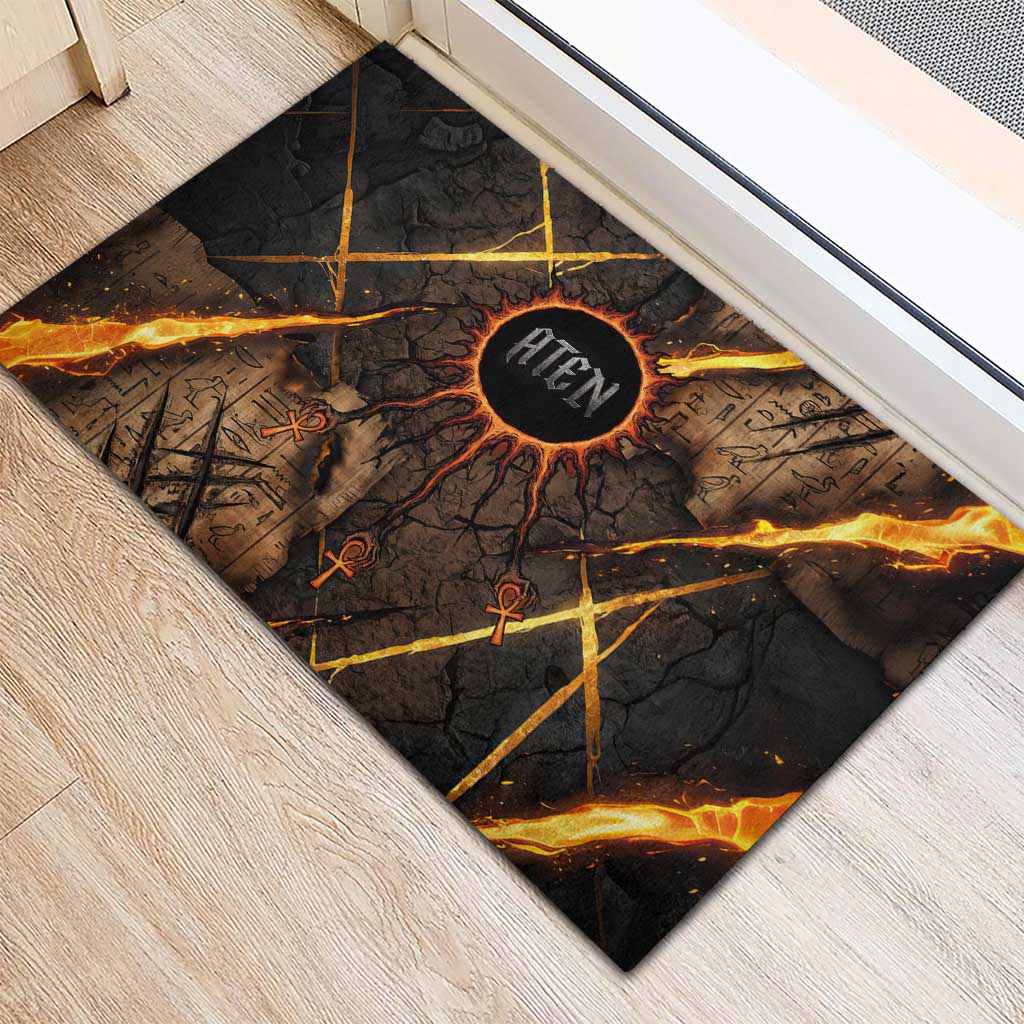 Aten Rubber Doormat Ancient Egyptian Cracked Stone Hieroglyph, Solar Eclipse Emblem, and Radiant Sunburst - African Pride