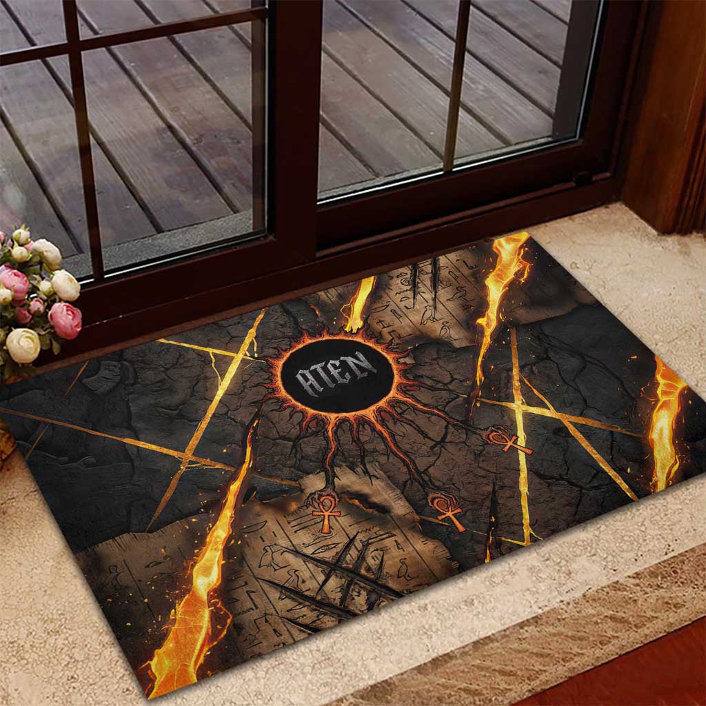Aten Rubber Doormat Ancient Egyptian Cracked Stone Hieroglyph, Solar Eclipse Emblem, and Radiant Sunburst - African Pride