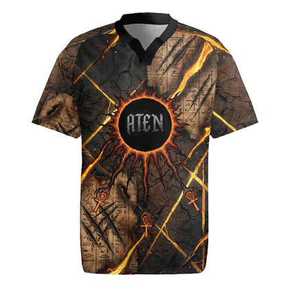 Aten Rugby Jersey Ancient Egyptian Cracked Stone Hieroglyph, Solar Eclipse Emblem, and Radiant Sunburst - African Pride