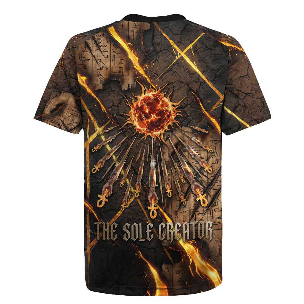 Aten Rugby Jersey Ancient Egyptian Cracked Stone Hieroglyph, Solar Eclipse Emblem, and Radiant Sunburst - African Pride